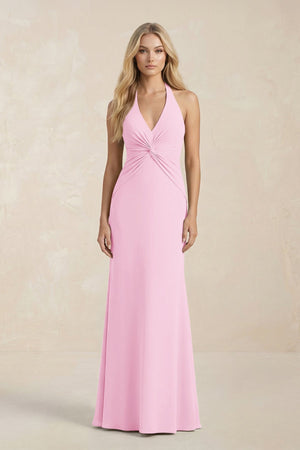 Ruched V - Neck Sheath Bridesmaid Dress With Bow in Pink - KissProm Bridesmaid Dresses