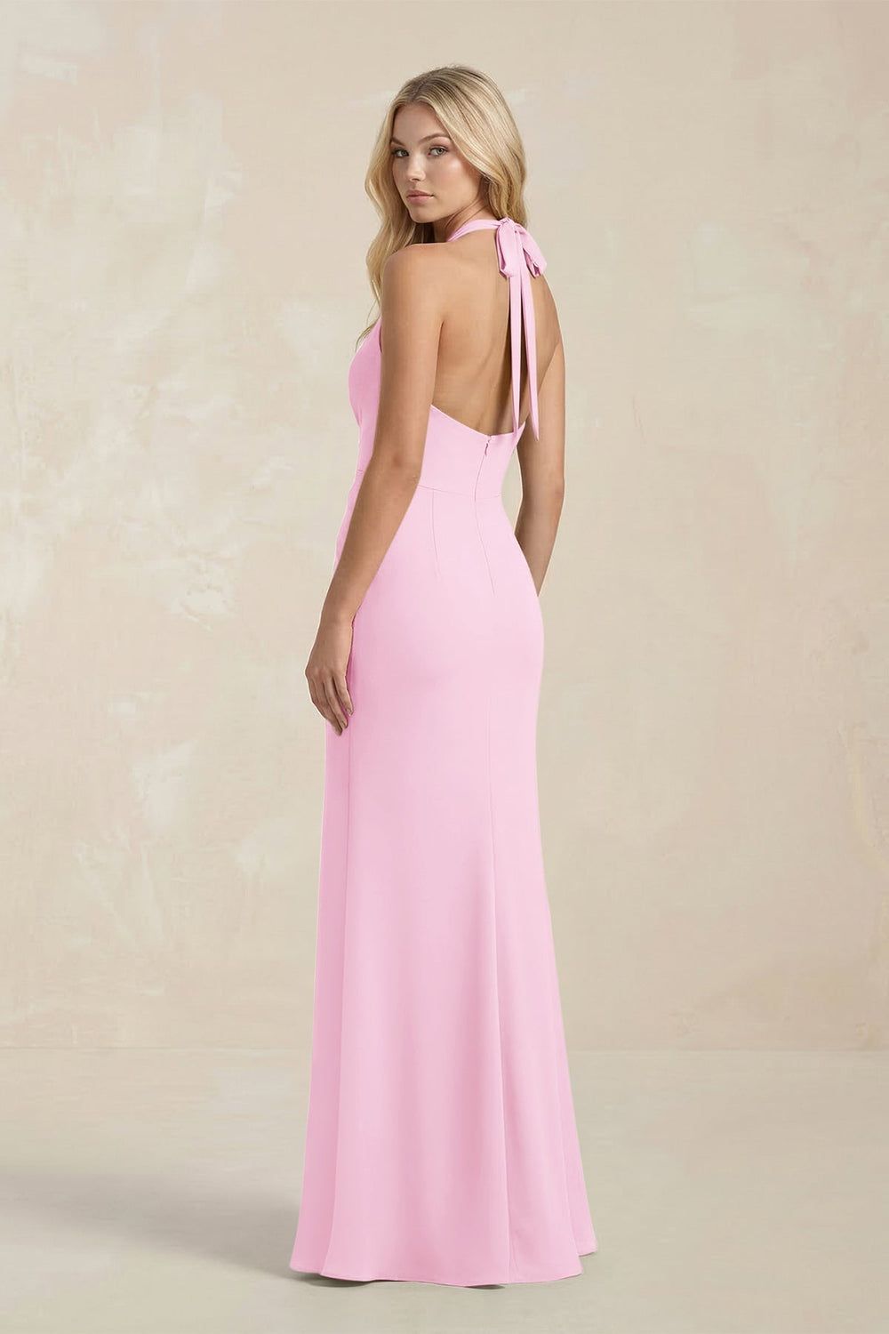 Ruched V - Neck Sheath Bridesmaid Dress With Bow in Pink - KissProm Bridesmaid Dresses