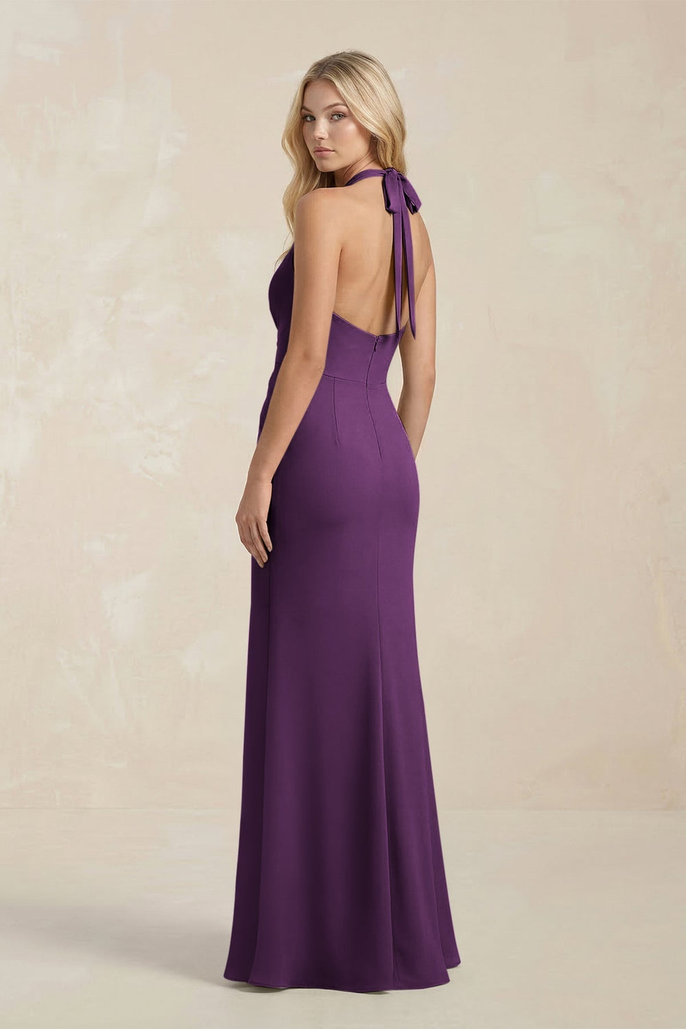 Ruched V - Neck Sheath Bridesmaid Dress With Bow in Plum - KissProm Bridesmaid Dresses