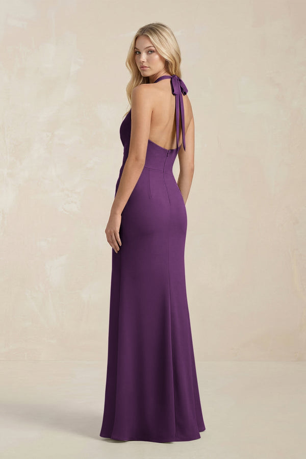 Ruched V - Neck Sheath Bridesmaid Dress With Bow in Plum - KissProm Bridesmaid Dresses