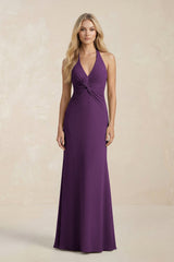 Ruched V - Neck Sheath Bridesmaid Dress With Bow in Plum - KissProm Bridesmaid Dresses