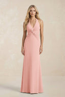Ruched V - Neck Sheath Bridesmaid Dress With Bow in Rose Petal - KissProm Bridesmaid Dresses