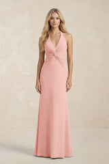 Ruched V - Neck Sheath Bridesmaid Dress With Bow in Rose Petal - KissProm Bridesmaid Dresses
