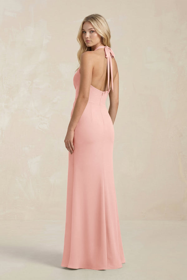 Ruched V - Neck Sheath Bridesmaid Dress With Bow in Rose Petal - KissProm Bridesmaid Dresses