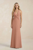 Ruched V - Neck Sheath Bridesmaid Dress With Bow in Rosette - KissProm Bridesmaid Dresses