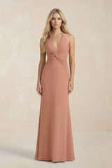 Ruched V - Neck Sheath Bridesmaid Dress With Bow in Rosette - KissProm Bridesmaid Dresses