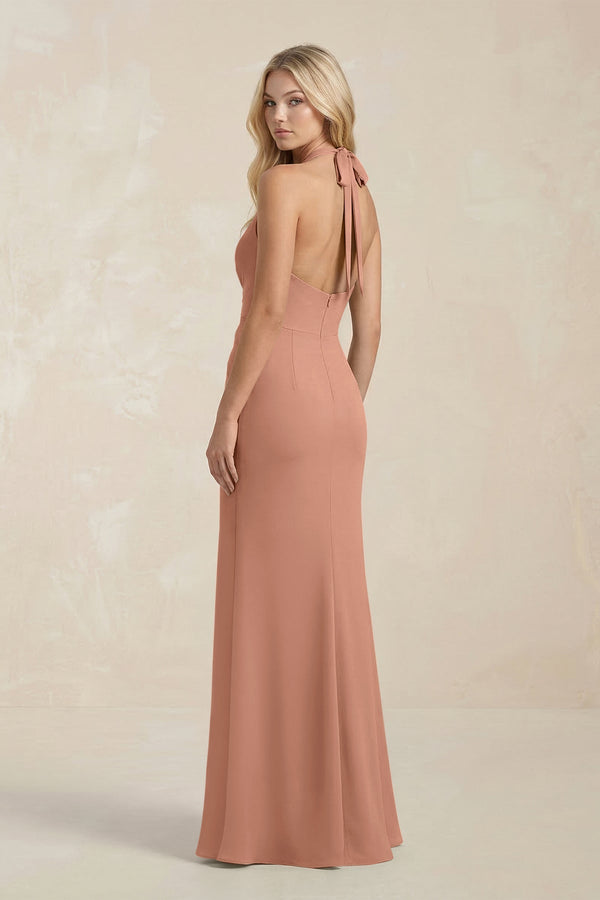 Ruched V - Neck Sheath Bridesmaid Dress With Bow in Rosette - KissProm Bridesmaid Dresses