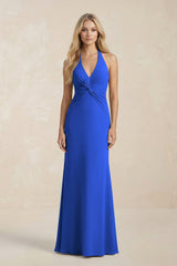 Ruched V - Neck Sheath Bridesmaid Dress With Bow in Royal Blue - KissProm Bridesmaid Dresses