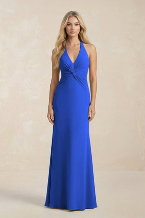 Ruched V - Neck Sheath Bridesmaid Dress With Bow in Royal Blue - KissProm Bridesmaid Dresses