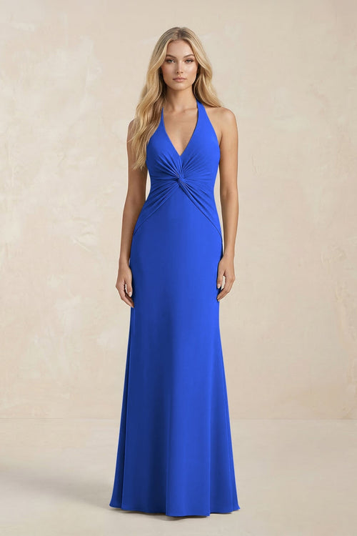 Ruched V - Neck Sheath Bridesmaid Dress With Bow in Royal Blue - KissProm Bridesmaid Dresses