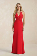 Ruched V - Neck Sheath Bridesmaid Dress With Bow in Ruby Red - KissProm Bridesmaid Dresses