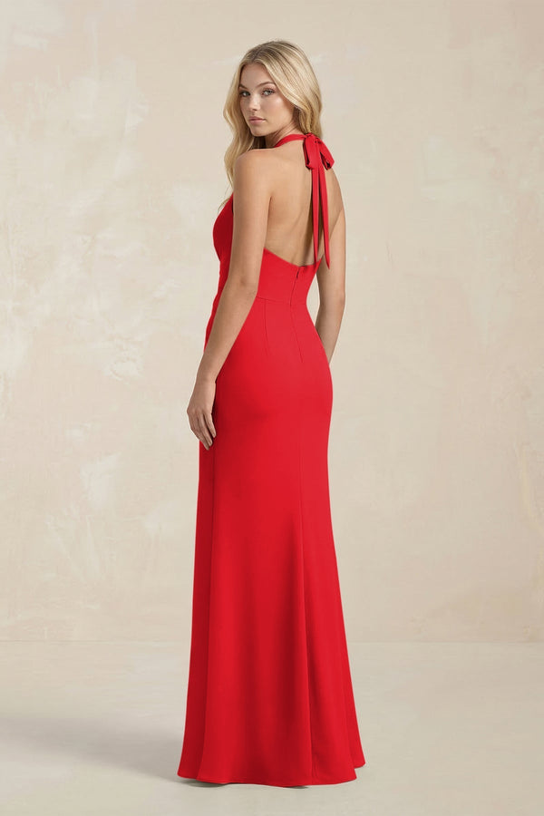 Ruched V - Neck Sheath Bridesmaid Dress With Bow in Ruby Red - KissProm Bridesmaid Dresses
