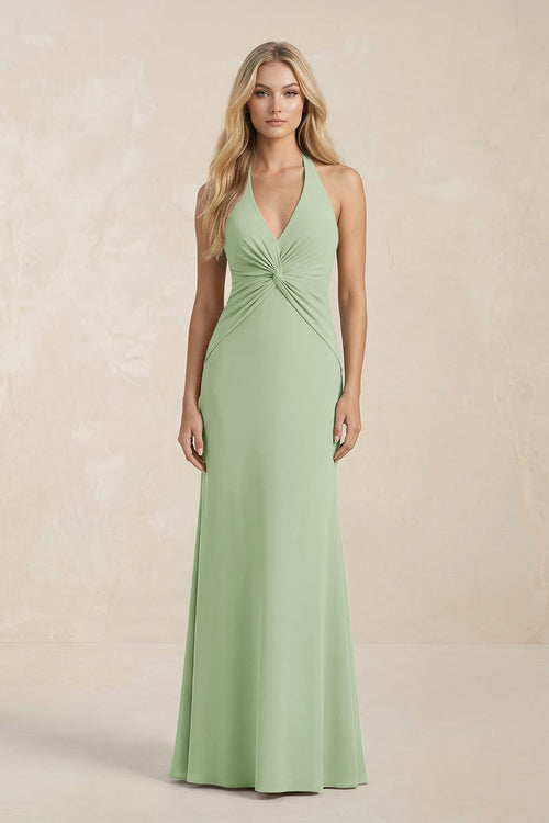Ruched V - Neck Sheath Bridesmaid Dress With Bow in Sage - KissProm Bridesmaid Dresses