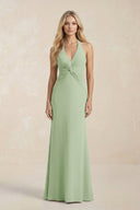 Ruched V - Neck Sheath Bridesmaid Dress With Bow in Sage - KissProm Bridesmaid Dresses