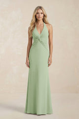Ruched V - Neck Sheath Bridesmaid Dress With Bow in Sage - KissProm Bridesmaid Dresses