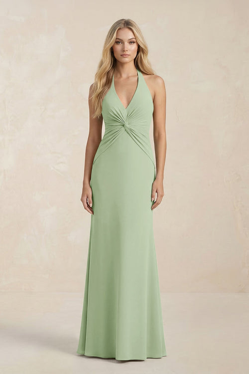 Ruched V - Neck Sheath Bridesmaid Dress With Bow in Sage - KissProm Bridesmaid Dresses