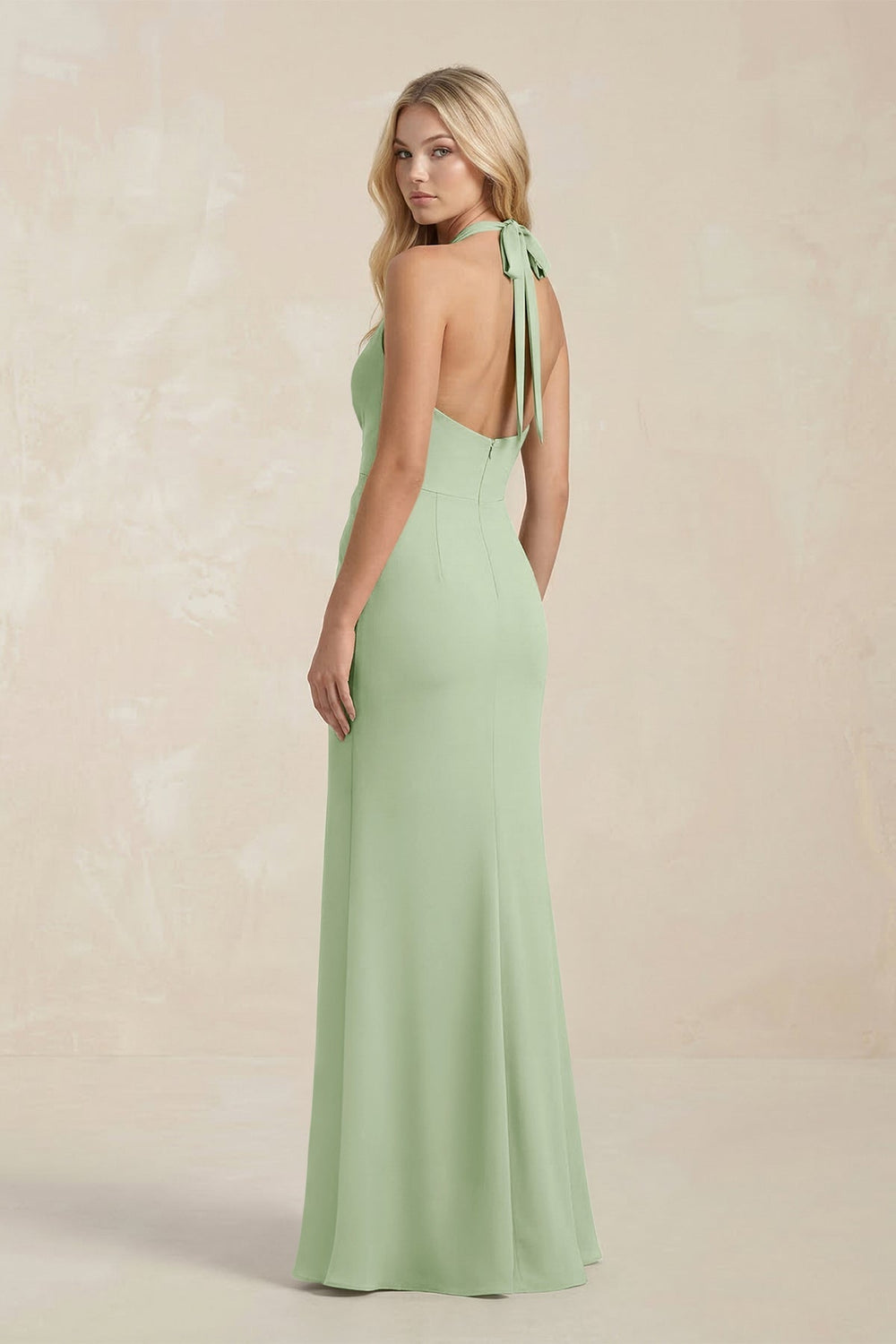 Ruched V - Neck Sheath Bridesmaid Dress With Bow in Sage - KissProm Bridesmaid Dresses