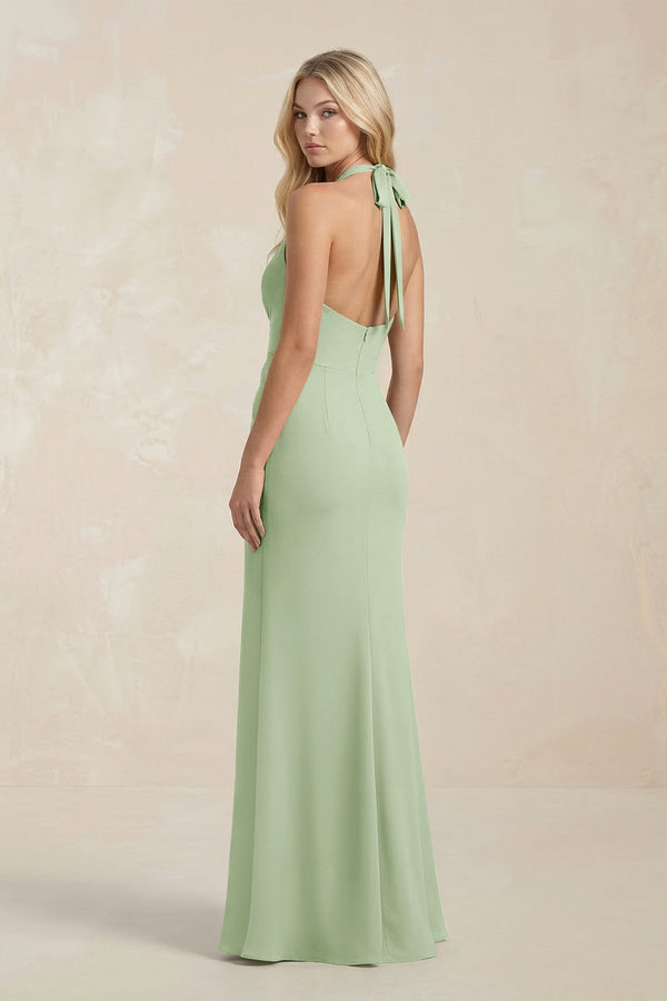 Ruched V - Neck Sheath Bridesmaid Dress With Bow in Sage - KissProm Bridesmaid Dresses