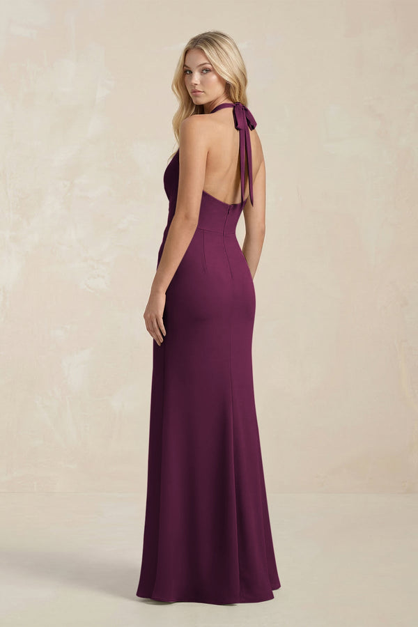 Ruched V - Neck Sheath Bridesmaid Dress With Bow in Sangria - KissProm Bridesmaid Dresses