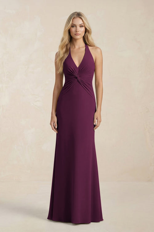 Ruched V - Neck Sheath Bridesmaid Dress With Bow in Sangria - KissProm Bridesmaid Dresses