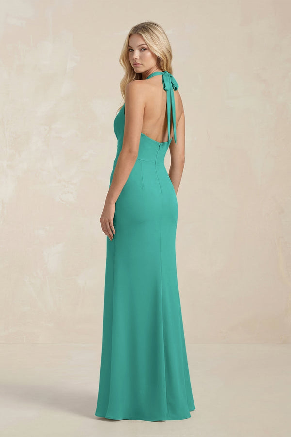 Ruched V - Neck Sheath Bridesmaid Dress With Bow in Sea Glass - KissProm Bridesmaid Dresses
