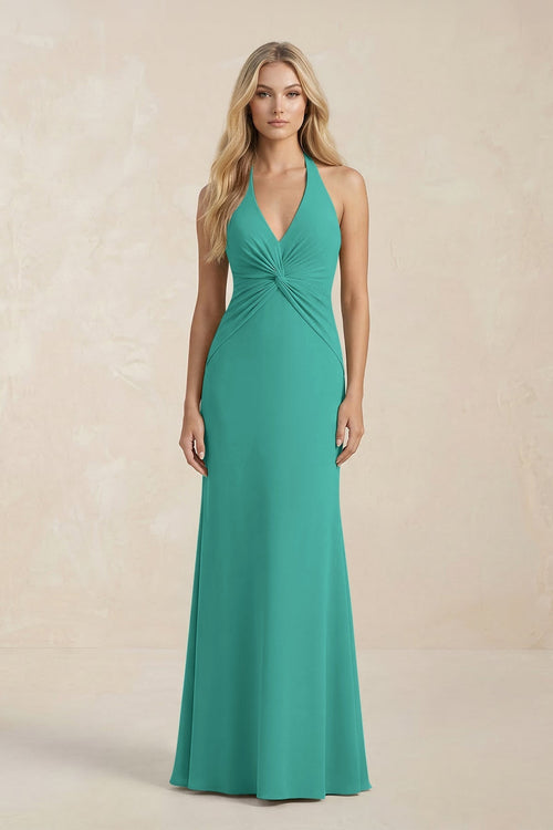 Ruched V - Neck Sheath Bridesmaid Dress With Bow in Sea Glass - KissProm Bridesmaid Dresses