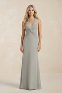 Ruched V - Neck Sheath Bridesmaid Dress With Bow in Silver - KissProm Bridesmaid Dresses