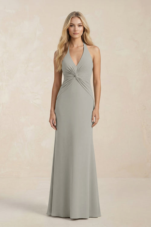 Ruched V - Neck Sheath Bridesmaid Dress With Bow in Silver - KissProm Bridesmaid Dresses