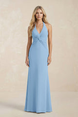 Ruched V - Neck Sheath Bridesmaid Dress With Bow in Sky Blue - KissProm Bridesmaid Dresses
