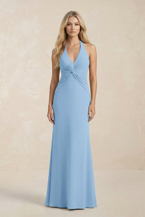 Ruched V - Neck Sheath Bridesmaid Dress With Bow in Sky Blue - KissProm Bridesmaid Dresses