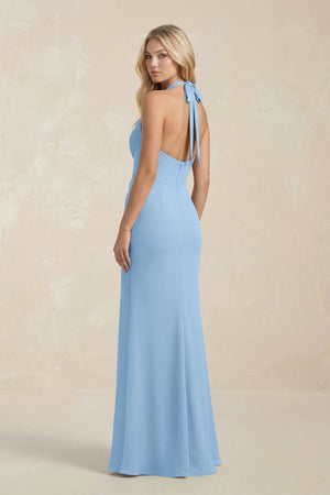 Ruched V - Neck Sheath Bridesmaid Dress With Bow in Sky Blue - KissProm Bridesmaid Dresses