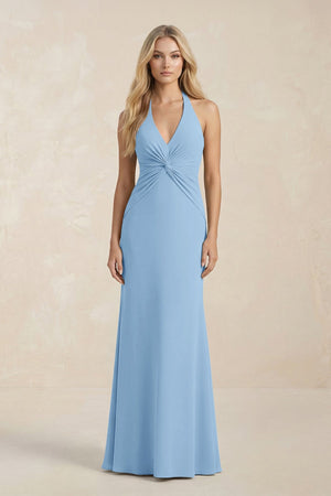 Ruched V - Neck Sheath Bridesmaid Dress With Bow in Sky Blue - KissProm Bridesmaid Dresses