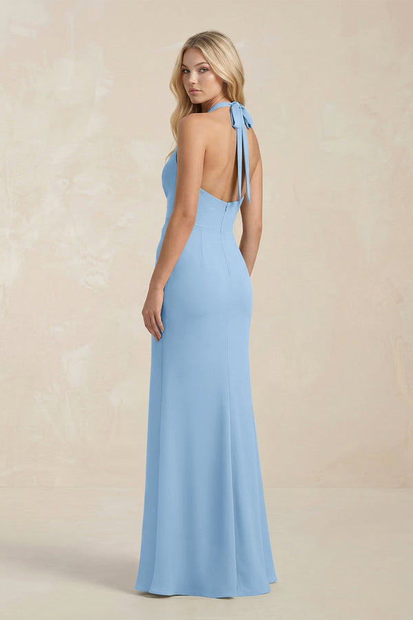 Ruched V - Neck Sheath Bridesmaid Dress With Bow in Sky Blue - KissProm Bridesmaid Dresses