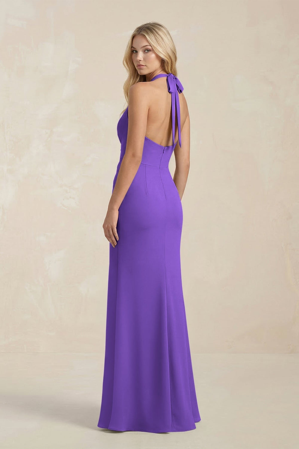Ruched V - Neck Sheath Bridesmaid Dress With Bow in Tahiti - KissProm Bridesmaid Dresses