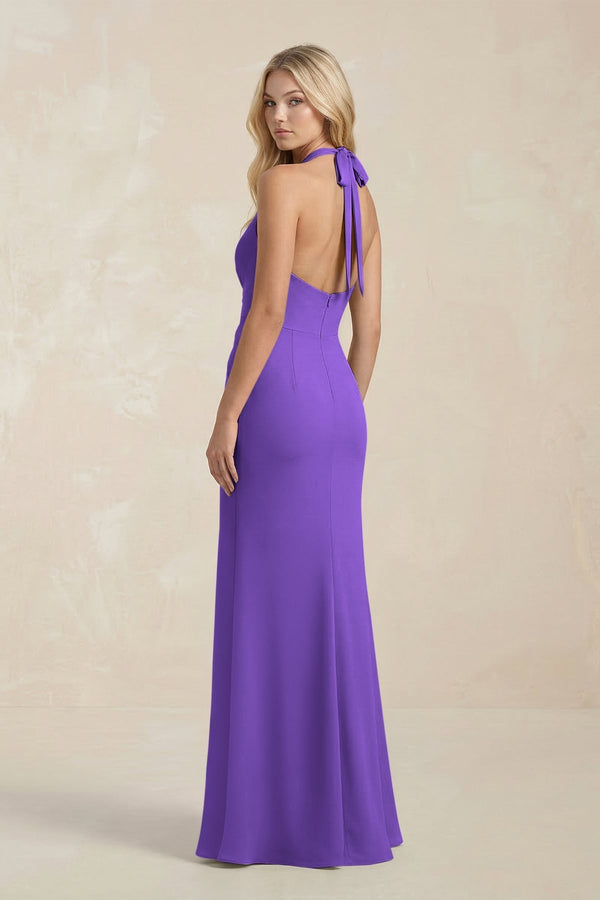 Ruched V - Neck Sheath Bridesmaid Dress With Bow in Tahiti - KissProm Bridesmaid Dresses