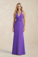 Ruched V - Neck Sheath Bridesmaid Dress With Bow in Tahiti - KissProm Bridesmaid Dresses