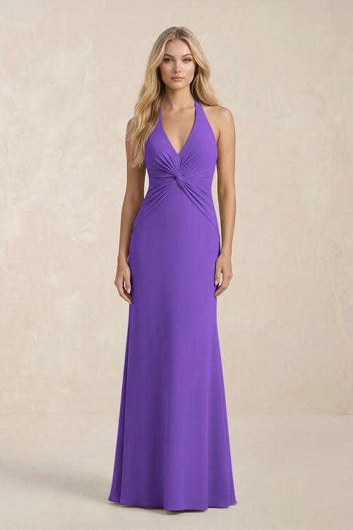 Ruched V - Neck Sheath Bridesmaid Dress With Bow in Tahiti - KissProm Bridesmaid Dresses