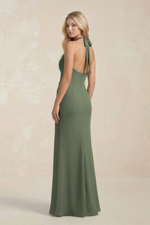 Ruched V - Neck Sheath Bridesmaid Dress With Bow in Thyme - KissProm Bridesmaid Dresses
