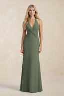 Ruched V - Neck Sheath Bridesmaid Dress With Bow in Thyme - KissProm Bridesmaid Dresses