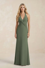 Ruched V - Neck Sheath Bridesmaid Dress With Bow in Thyme - KissProm Bridesmaid Dresses