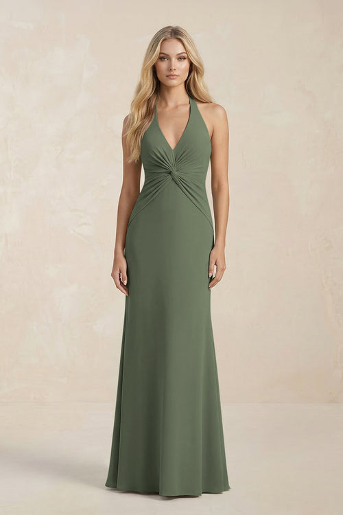 Ruched V - Neck Sheath Bridesmaid Dress With Bow in Thyme - KissProm Bridesmaid Dresses
