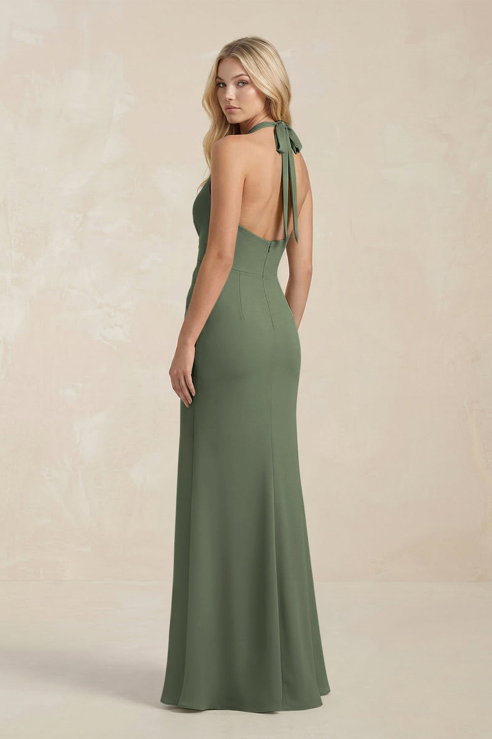 Ruched V - Neck Sheath Bridesmaid Dress With Bow in Thyme - KissProm Bridesmaid Dresses