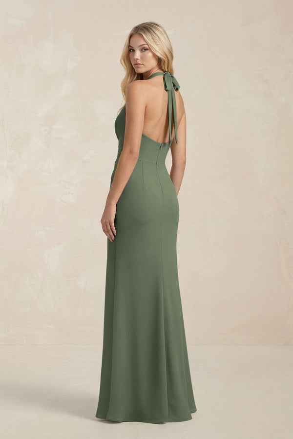 Ruched V - Neck Sheath Bridesmaid Dress With Bow in Thyme - KissProm Bridesmaid Dresses