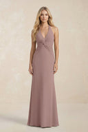 Ruched V - Neck Sheath Bridesmaid Dress With Bow in Toffee - KissProm Bridesmaid Dresses