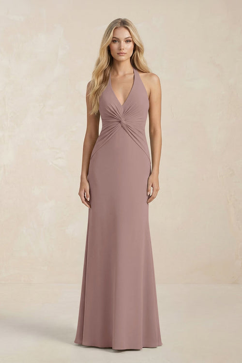 Ruched V - Neck Sheath Bridesmaid Dress With Bow in Toffee - KissProm Bridesmaid Dresses