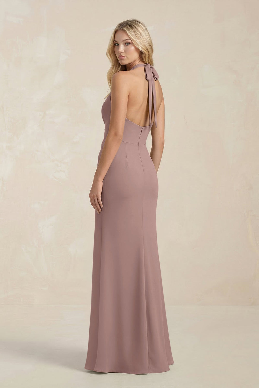 Ruched V - Neck Sheath Bridesmaid Dress With Bow in Toffee - KissProm Bridesmaid Dresses