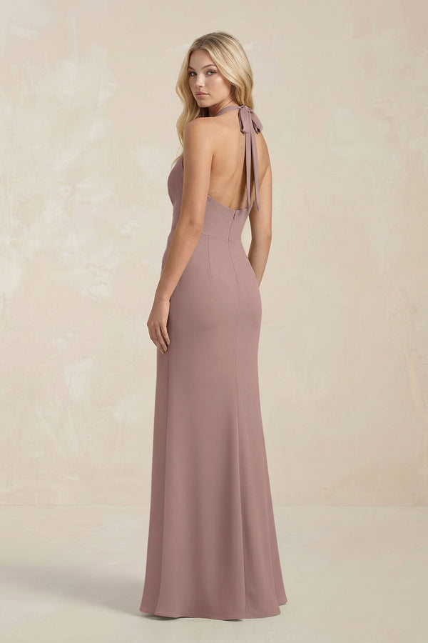 Ruched V - Neck Sheath Bridesmaid Dress With Bow in Toffee - KissProm Bridesmaid Dresses