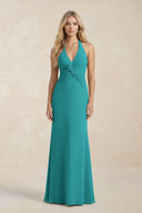 Ruched V - Neck Sheath Bridesmaid Dress With Bow in Turquoise - KissProm Bridesmaid Dresses