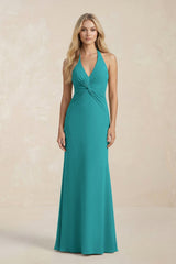 Ruched V - Neck Sheath Bridesmaid Dress With Bow in Turquoise - KissProm Bridesmaid Dresses