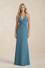 Ruched V - Neck Sheath Bridesmaid Dress With Bow in Twilight - KissProm Bridesmaid Dresses